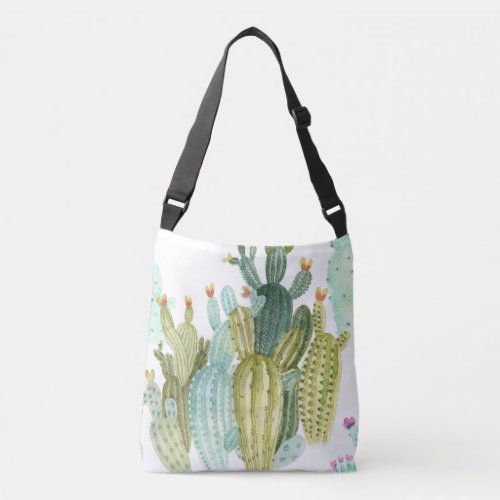 Vintage Cacti Blooming Watercolor Pattern Crossbody Bag