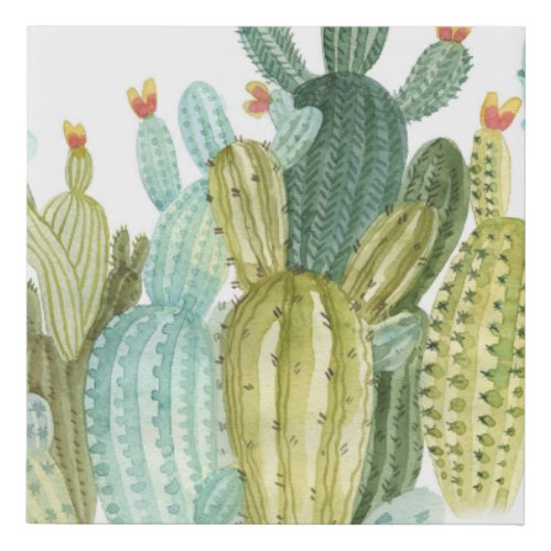 Vintage Cacti Blooming Watercolor Pattern Faux Canvas Print