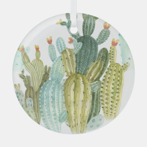 Vintage Cacti Blooming Watercolor Pattern Glass Ornament