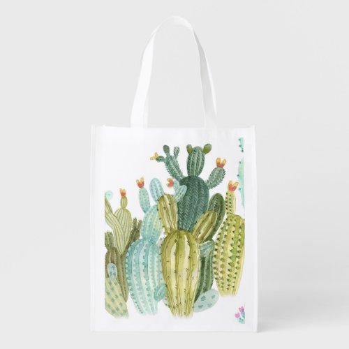 Vintage Cacti Blooming Watercolor Pattern Grocery Bag