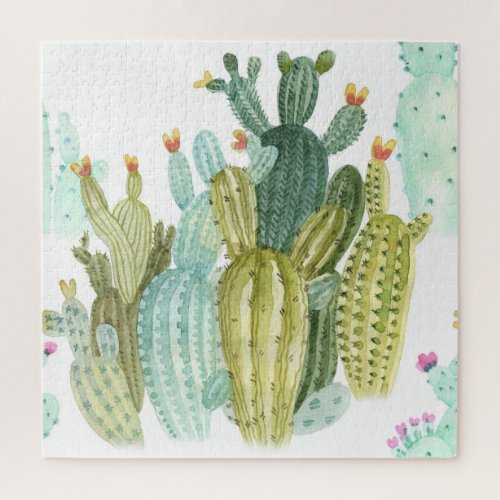 Vintage Cacti Blooming Watercolor Pattern Jigsaw Puzzle