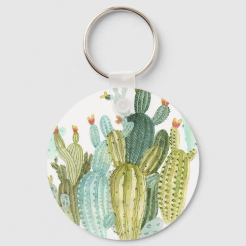 Vintage Cacti Blooming Watercolor Pattern Keychain
