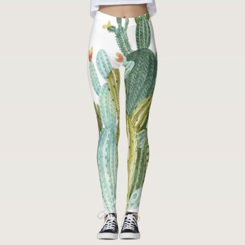 Vintage Cacti Blooming Watercolor Pattern Leggings