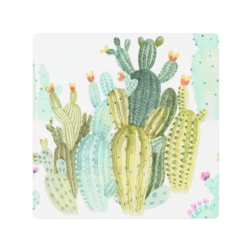 Vintage Cacti Blooming Watercolor Pattern Metal Print