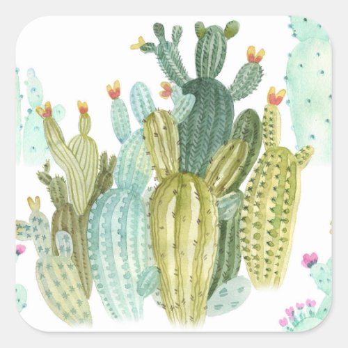 Vintage Cacti Blooming Watercolor Pattern Square Sticker