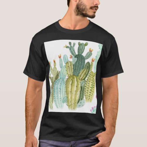 Vintage Cacti Blooming Watercolor Pattern T_Shirt