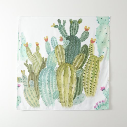 Vintage Cacti Blooming Watercolor Pattern Tapestry