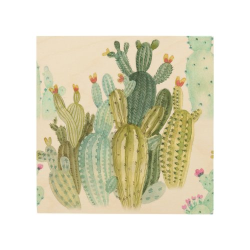 Vintage Cacti Blooming Watercolor Pattern Wood Wall Art