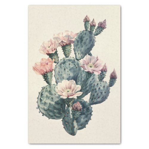Vintage Cactus Watercolor Pink Blossoms Decoupage Tissue Paper