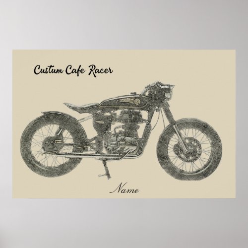 Vintage Cafe Racer Motorcycle in Print illustrated