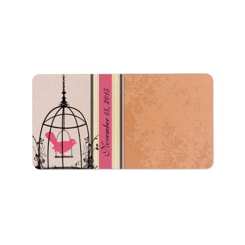 Vintage Cage Pink Bird  Coral Damask Dots Label