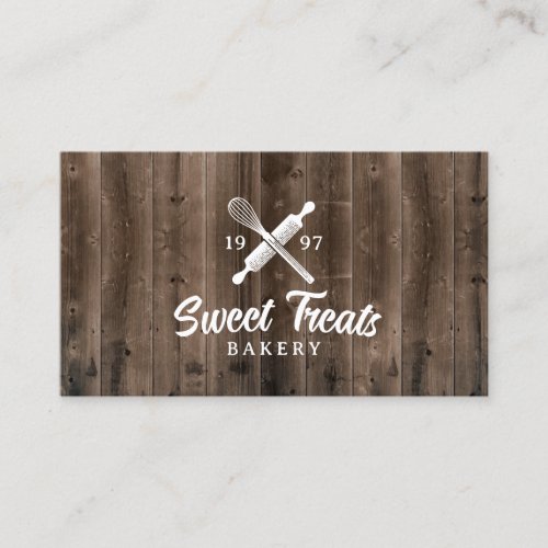 Vintage Cake Bakery Whisk Logo Rustic Wood Business Card