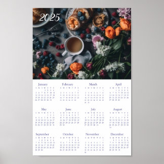 Vintage Calendar 2025. Coffee Flowers Croissants Poster