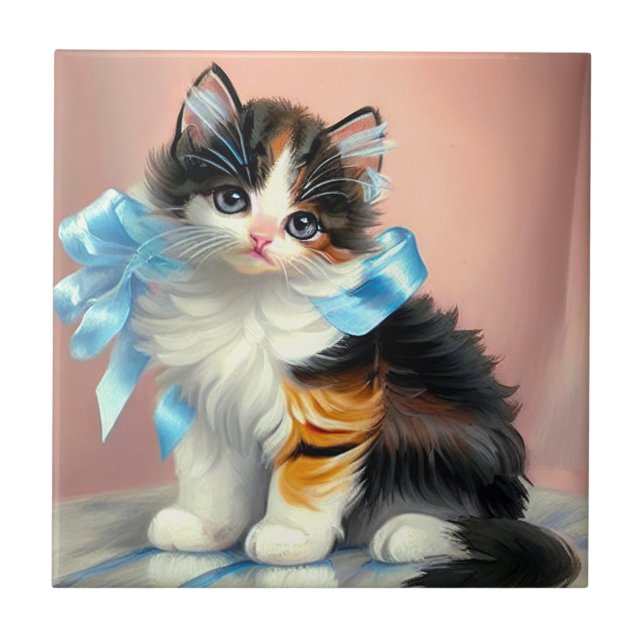 Vintage Calico Kitten Illustration Ceramic Tile (Front)