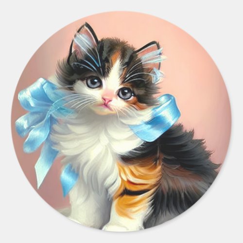 Vintage Calico Kitten Illustration Classic Round Sticker