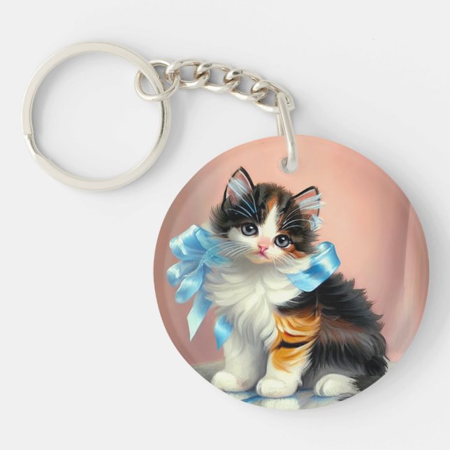 Vintage Calico Kitten Illustration Keychain (Front)