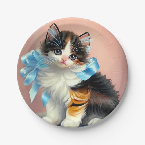 Vintage Calico Kitten Illustration Paper Plates