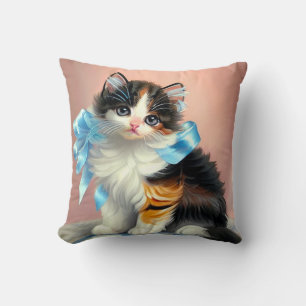 Vintage Calico Kitten Illustration Throw Pillow