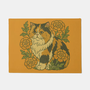 Vintage Calico Kitty Cat Marigold Flowers Doormat