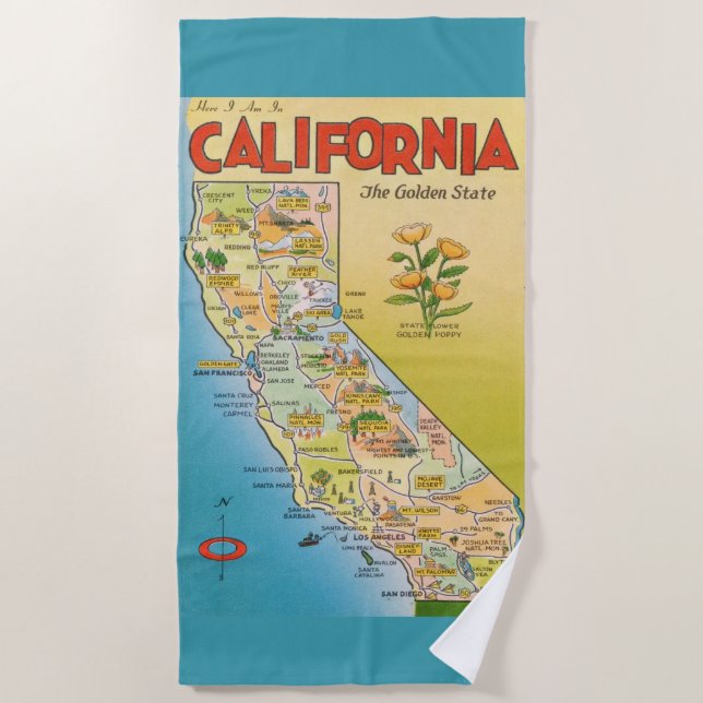 Vintage California Map Beach Towel (Front)