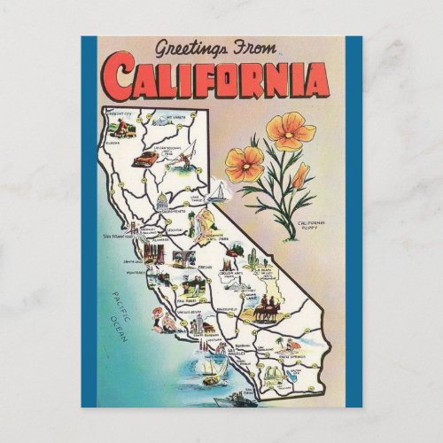 Vintage California Map USA Tourism Postcard