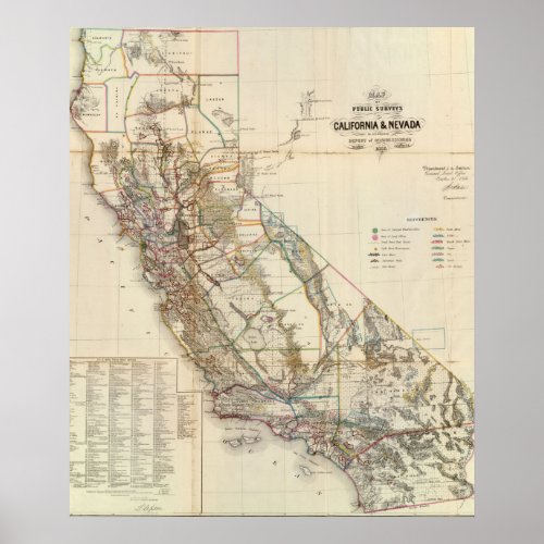 Vintage California  Nevada Historic Map USA Poster