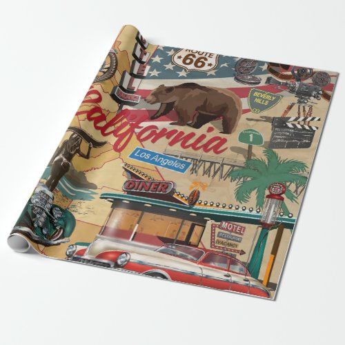 Vintage California poster with tourist attractions Wrapping Paper