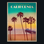 Vintage California Sunset Beach Poster<br><div class="desc">EXCLUSIVE to Vintage replublic: Retro style California travel poster design featuring Manhattan beach pier at sunset. In the foreground are a stand of palm trees against a yellow and aqua green sunset</div>