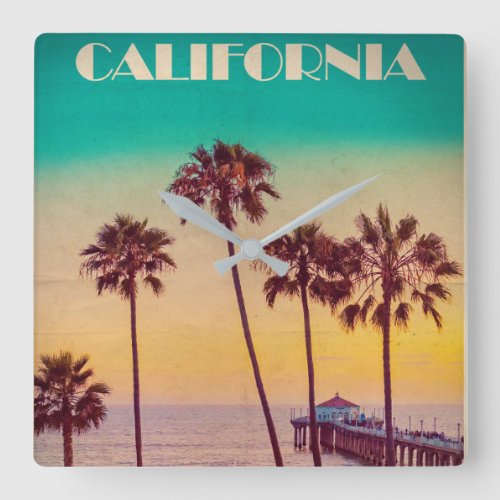 Vintage California Sunset Beach Square Wall Clock