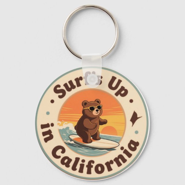 Vintage California Surf's Up Surfing Bear Keychain (Front)