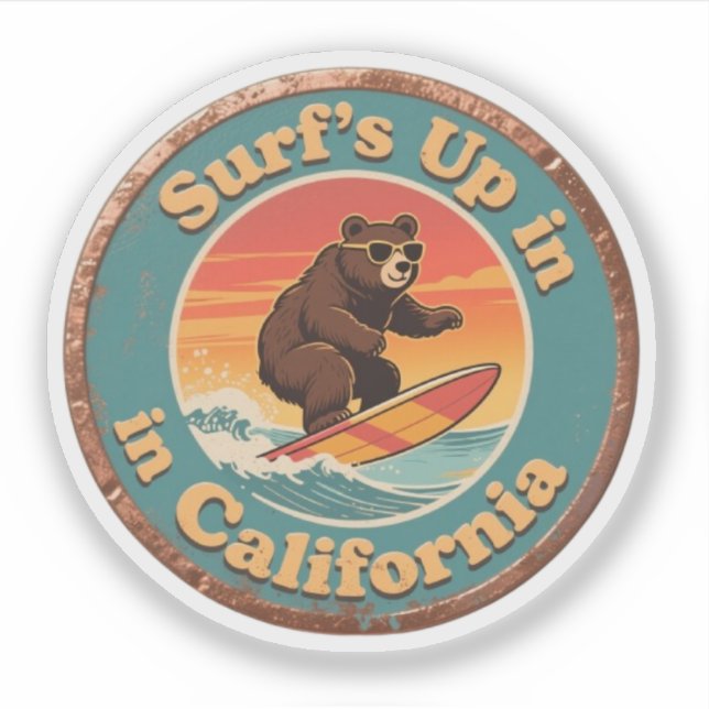 Vintage California Surf's Up Surfing Bear Sticker (Front)