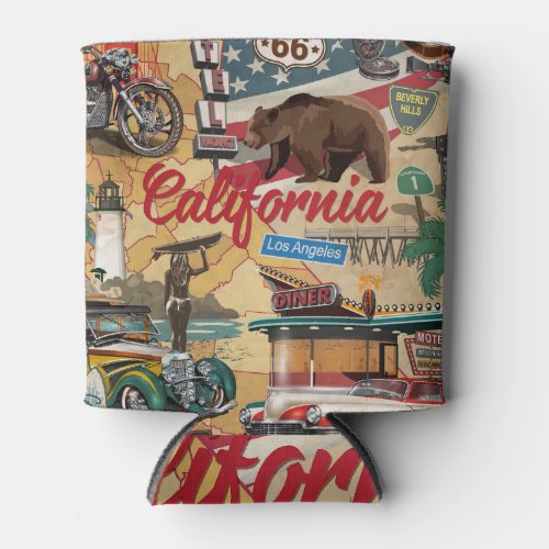 Vintage California tourist attractions map Can Cooler