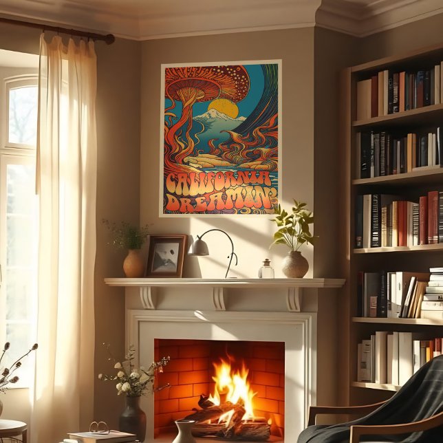 Vintage California Travel Poster Retro 70's Shasta (Groovy 70s-inspired California wall art with surreal landscapes, mushrooms, and Mount Shasta.)