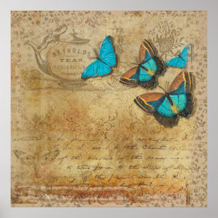 Vintage Calligraphy and Butterflies Poster