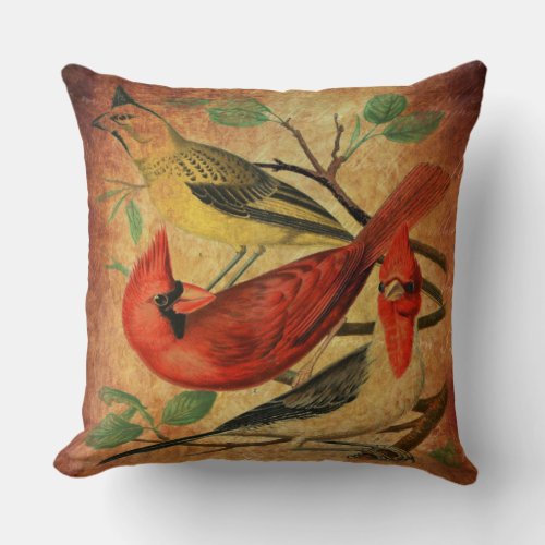 Vintage Calligraphy and Retro Cardinals Art Throw Pillow