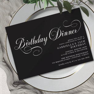Vintage Calligraphy Elegant Black Birthday Dinner Invitation