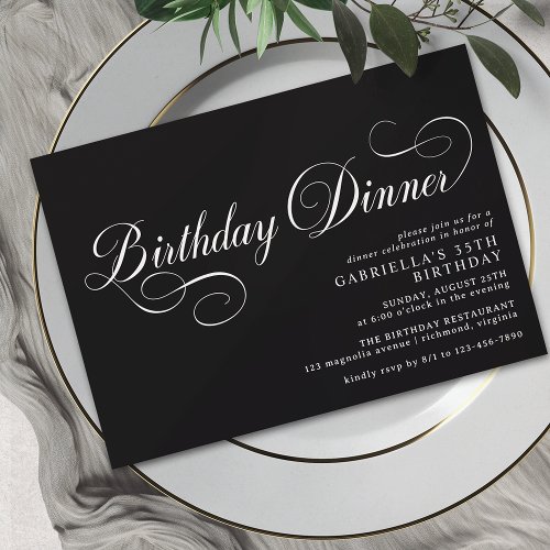 Vintage Calligraphy Elegant Black Birthday Dinner Invitation