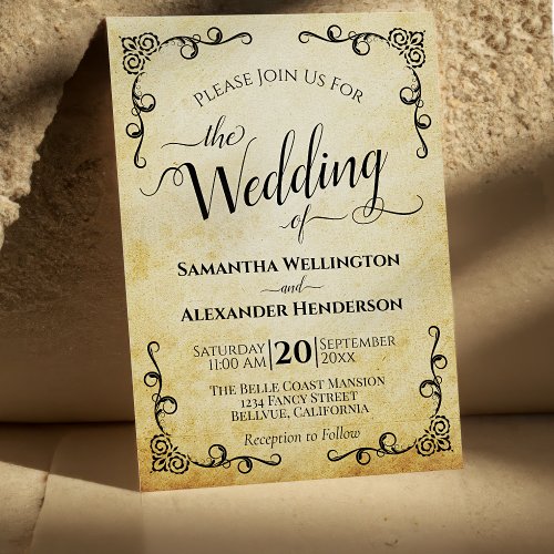 Vintage Calligraphy Faux Parchment Elegant Wedding Invitation