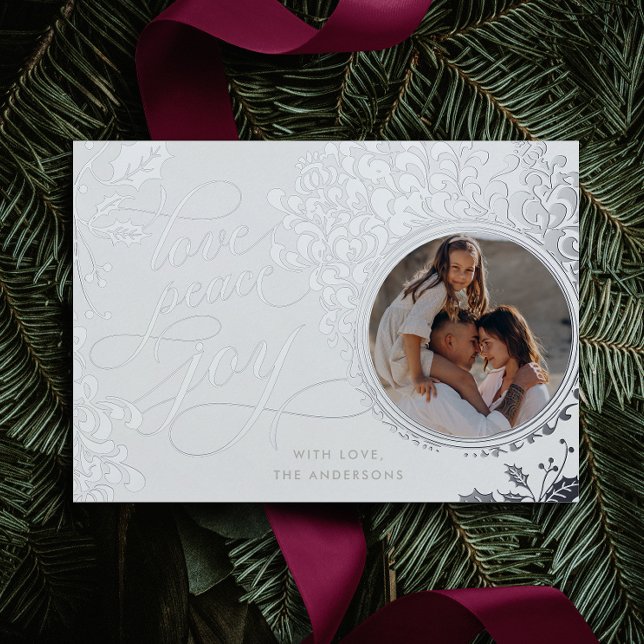 Vintage Calligraphy Love, Joy, Peace 1 Photo  Foil Holiday Card (Creator Uploaded)