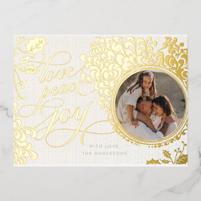 Vintage Calligraphy Love, Joy, Peace 1 Photo  Foil Holiday Postcard (Front)
