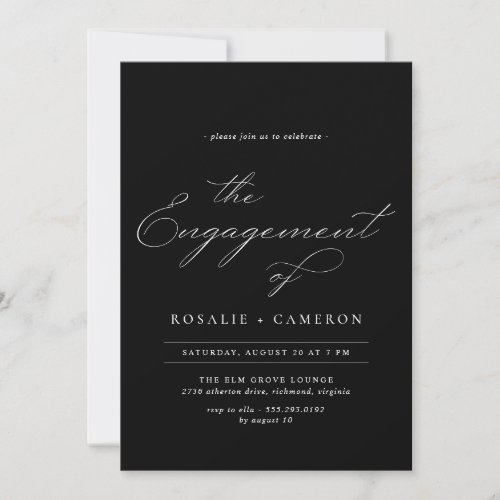 Vintage Calligraphy  Moody Black Engagement Party Invitation