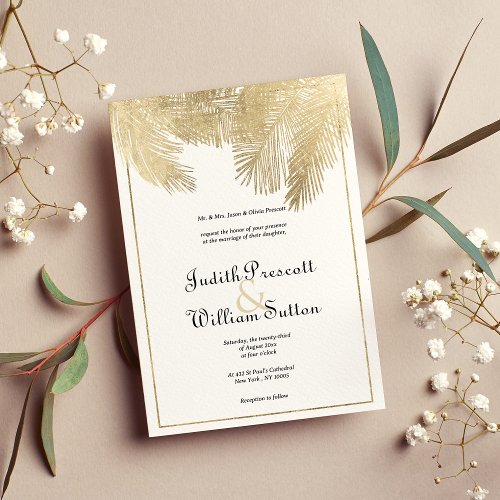 Vintage calligraphy white gold floral wedding  invitation