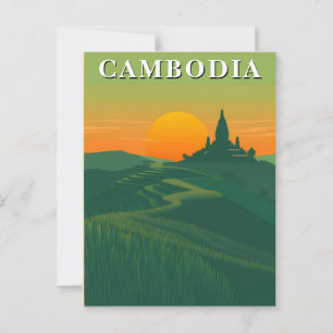 Vintage Cambodia Travel Rice Fields and Temple Postcard
