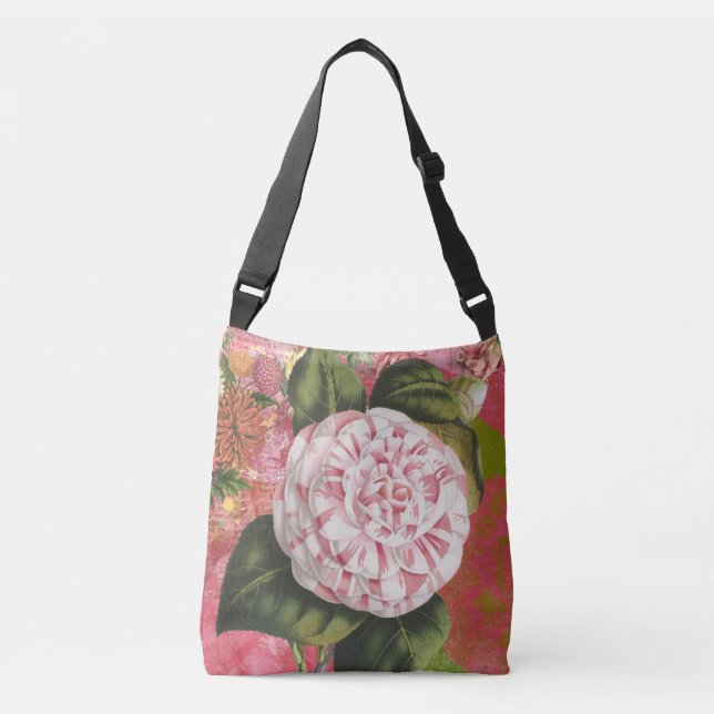 Vintage Camellia Elegant Antique Botanical Collage Crossbody Bag (Front)
