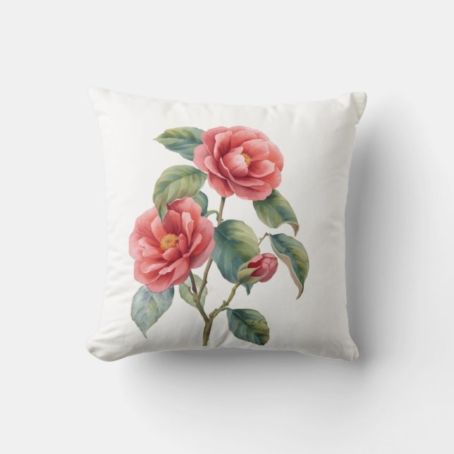 Vintage Camellia Flower Botanical Throw Pillow  (Front)