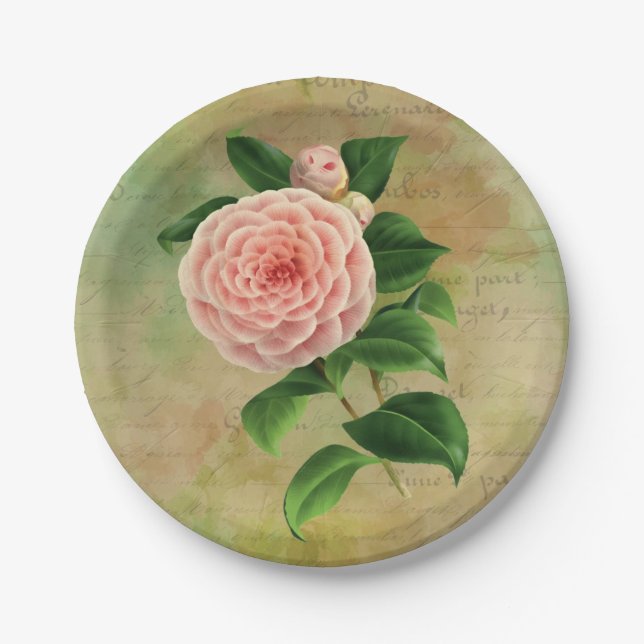 Vintage Camellia French Botanical Paper Plates (Front)