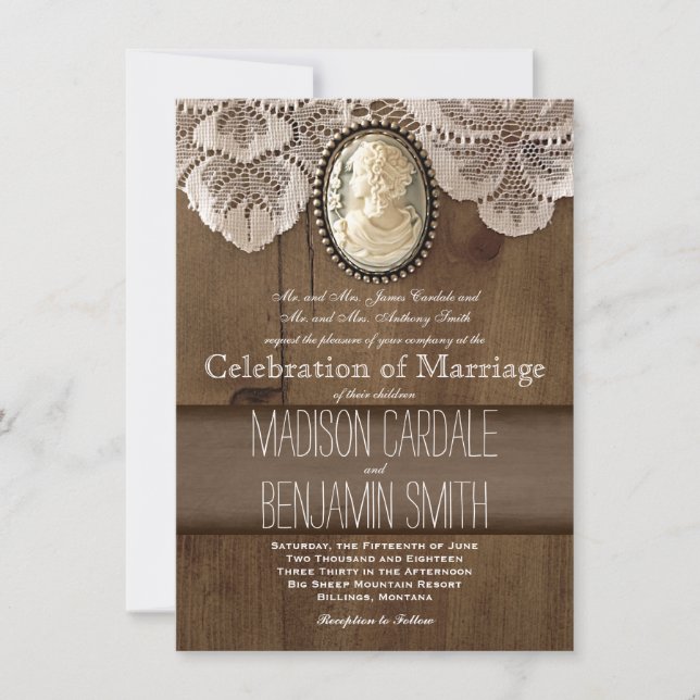 Vintage Cameo Brooch Lace Wood Wedding Invitations (Front)