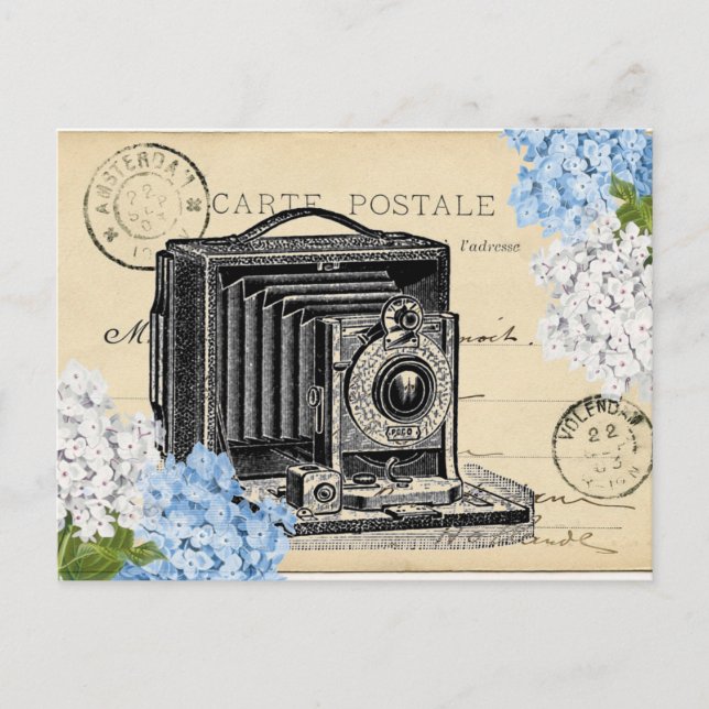 Vintage Camera Blue Flower Postcard Postcard (Front)