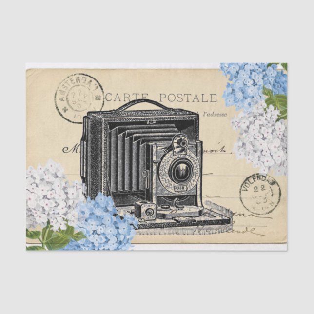 Vintage Camera Blue Flower Postcard Tissue Paper (Front)