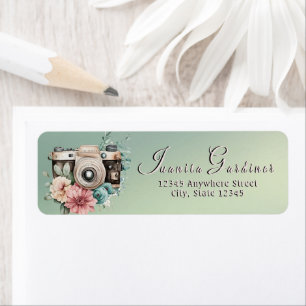 Vintage Camera & Floral Dusty Pink & Teal Bloom Label